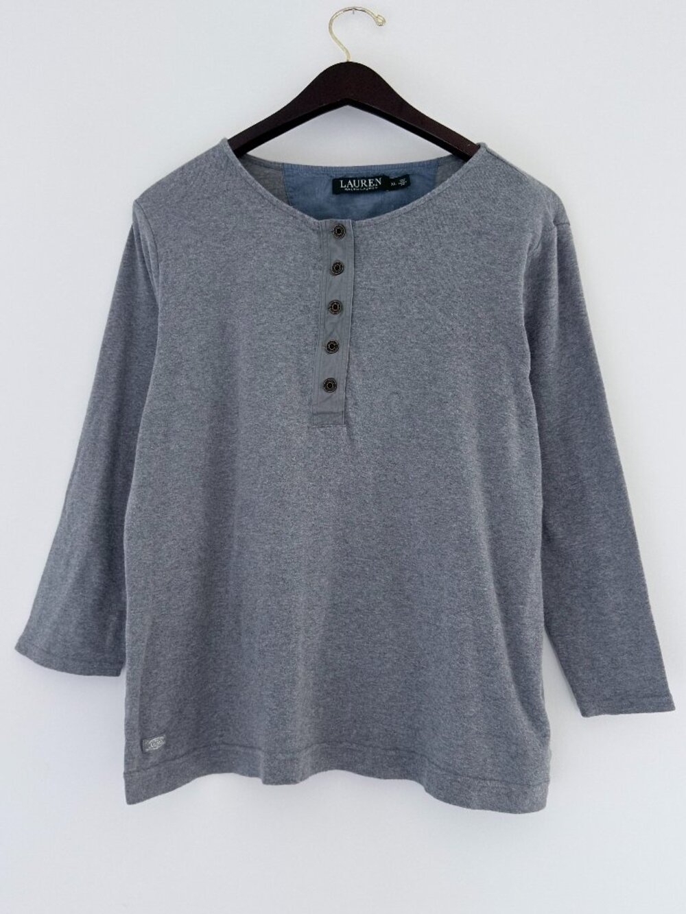 Lauren Ralph Lauren Gray Cotton 5-Button Henley Top XL Chambray Accent